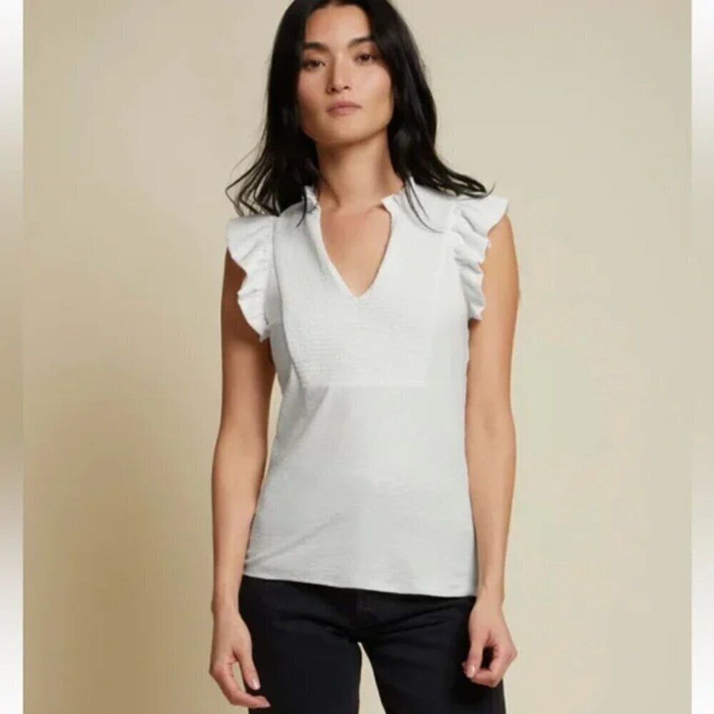 Nation LTD White Pima Cotton Smocked‎ Ruffle Sleeve V-Neck Top XL